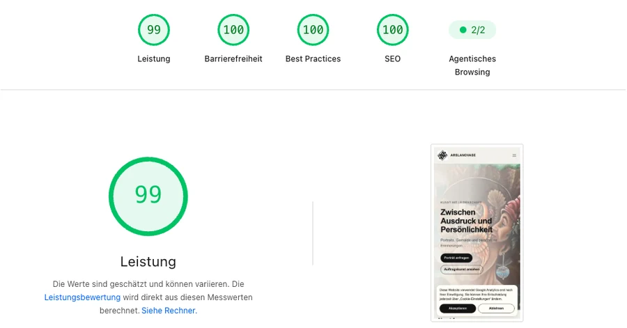 Google-PageSpeed-Insights-Auswertung der mobilen ASE-Art-Website mit 99 Leistung sowie jeweils 100 für Barrierefreiheit, Best Practices und SEO