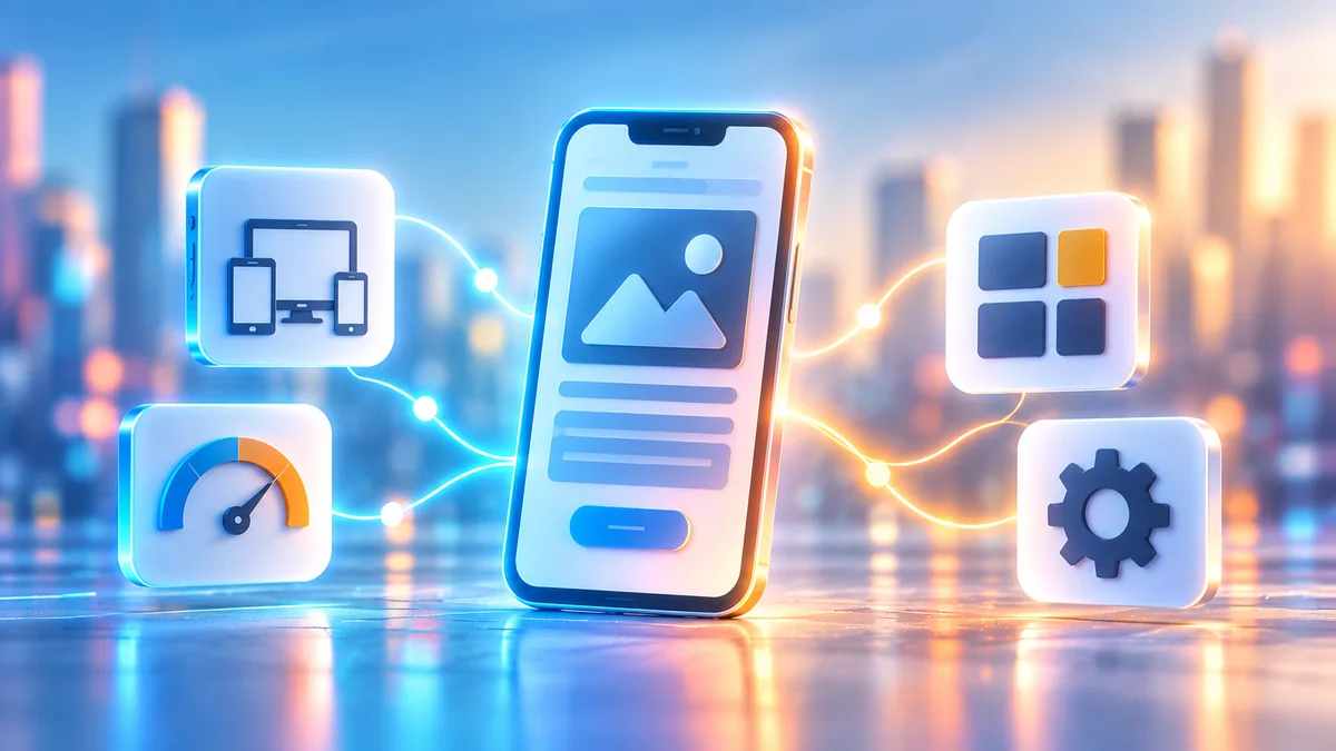 Illustration einer responsiven Website auf Smartphone, Tablet und Desktop