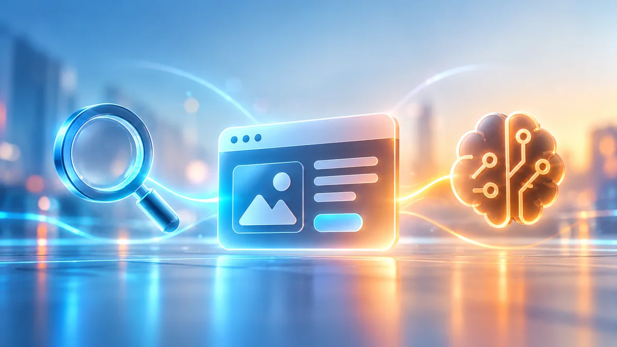 Illustration für SEO und GEO mit Suchlupe, Website und vernetztem KI-Symbol