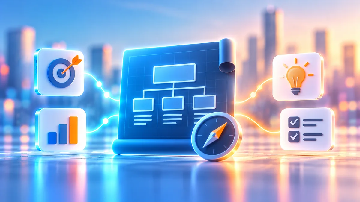 Illustration einer strategischen Website-Planung mit Sitemap, Zielscheibe und Kompass