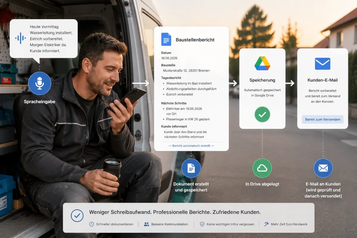 Handwerker spricht nach Feierabend einen Baustellenbericht ins Smartphone, der als Dokument und Kunden-E-Mail vorbereitet wird