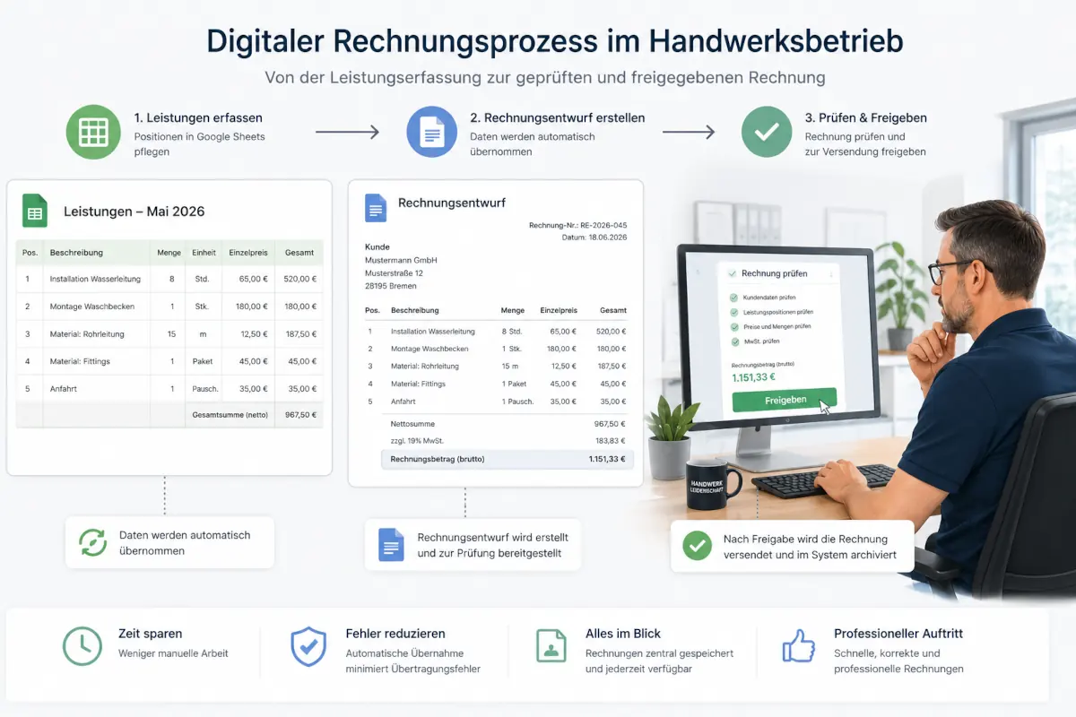 Digitaler Rechnungsprozess mit Tabelle, Rechnungsentwurf und menschlicher Freigabe