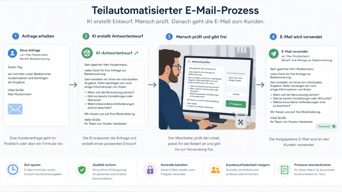 Teilautomatisierter E-Mail-Prozess mit KI-Entwurf, menschlicher Prüfung und Versand an den Kunden
